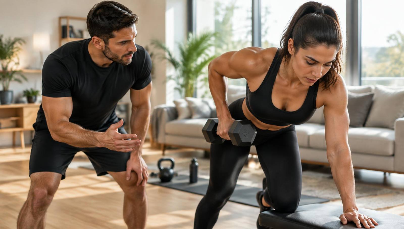 An F3 HOME trainer coaching a dumbbell session in a client's living room