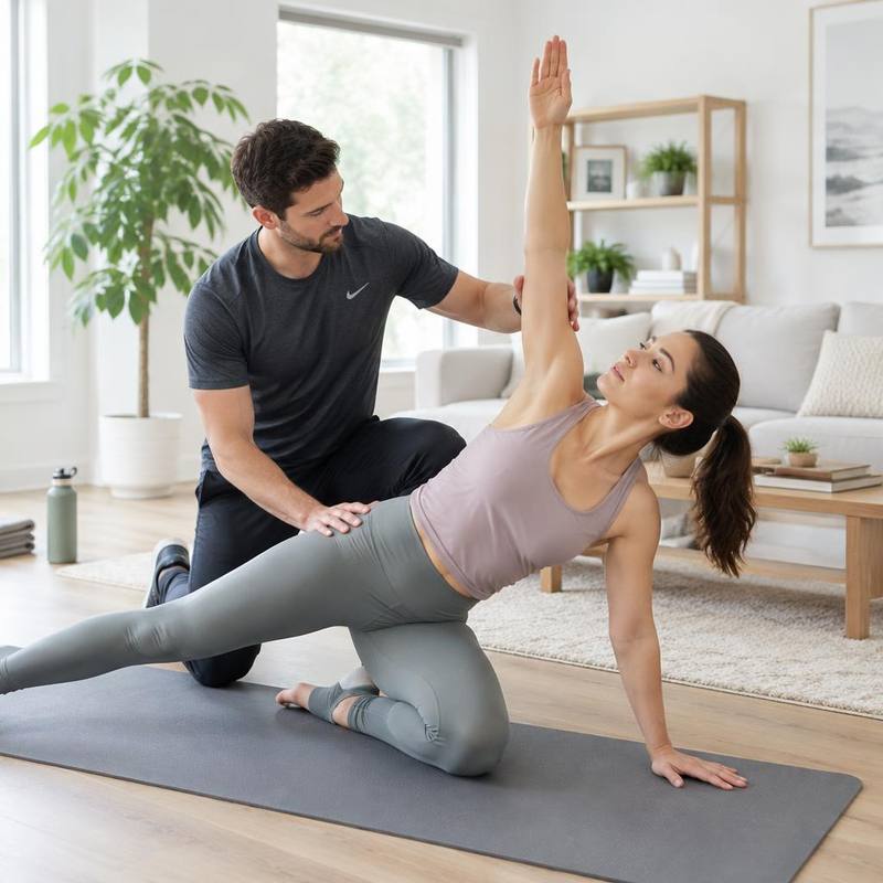 Trainer assisting a guided mobility stretch at home