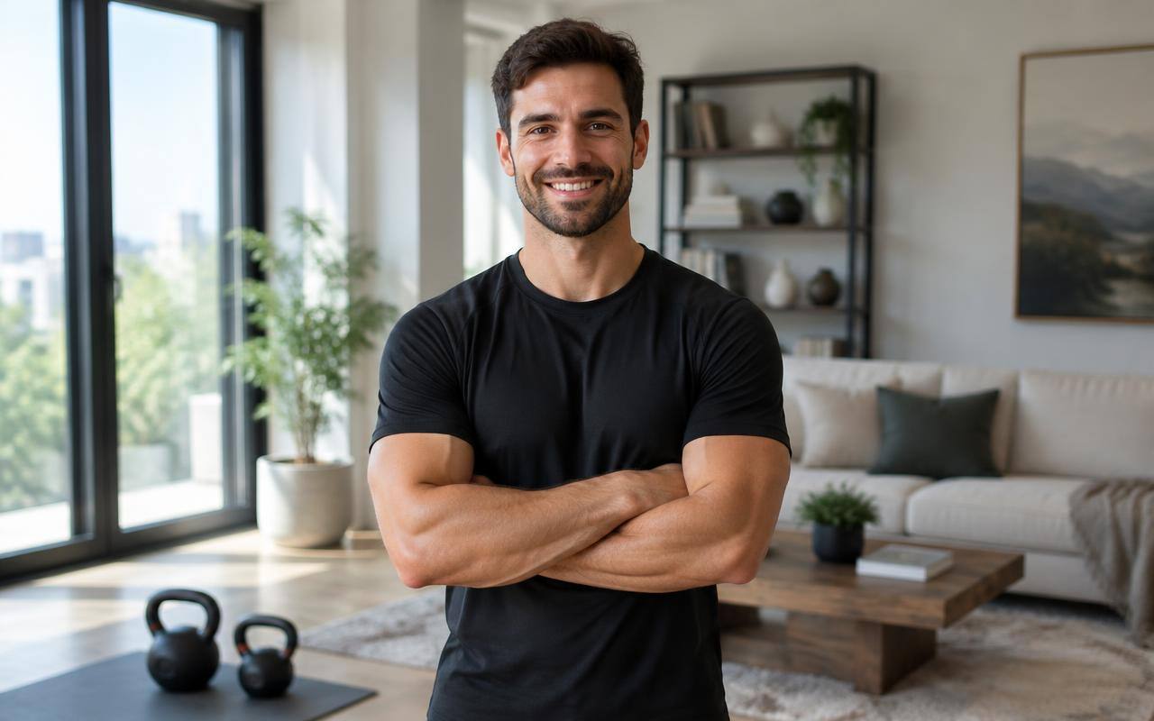 F3 HOME trainer in a black t-shirt ready for a home session