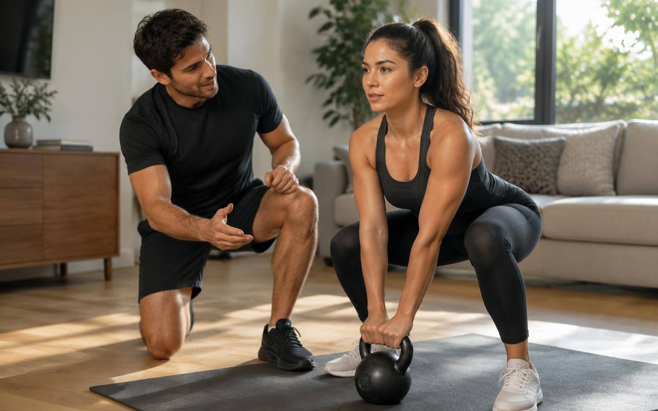 F3 HOME trainer coaching a kettlebell exercise
